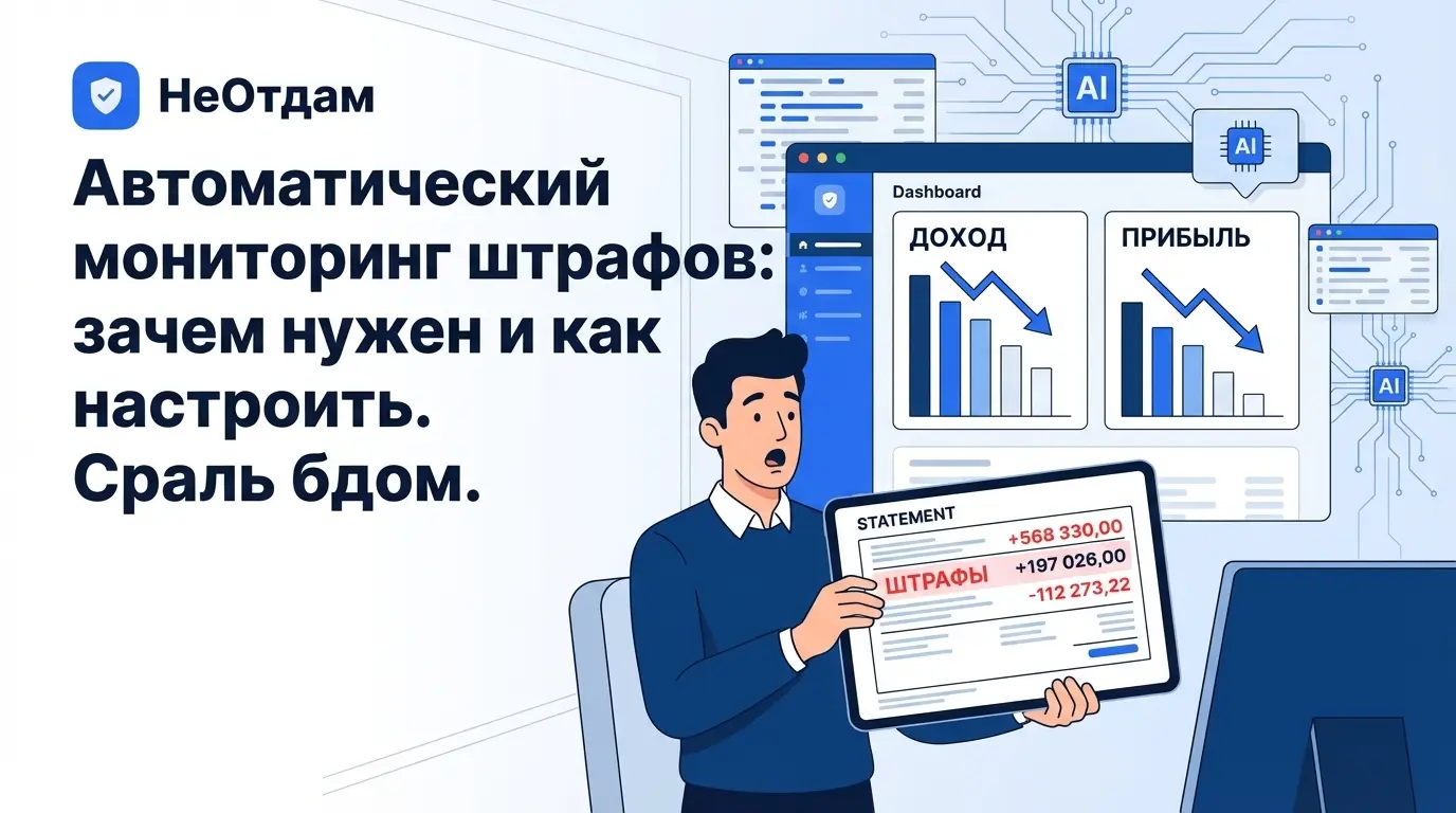 Селлер в шоке смотрит на выписку со штрафами из личного кабинета маркетплейса, на заднем плане графики доходов, демонстрирующие падение прибыли.