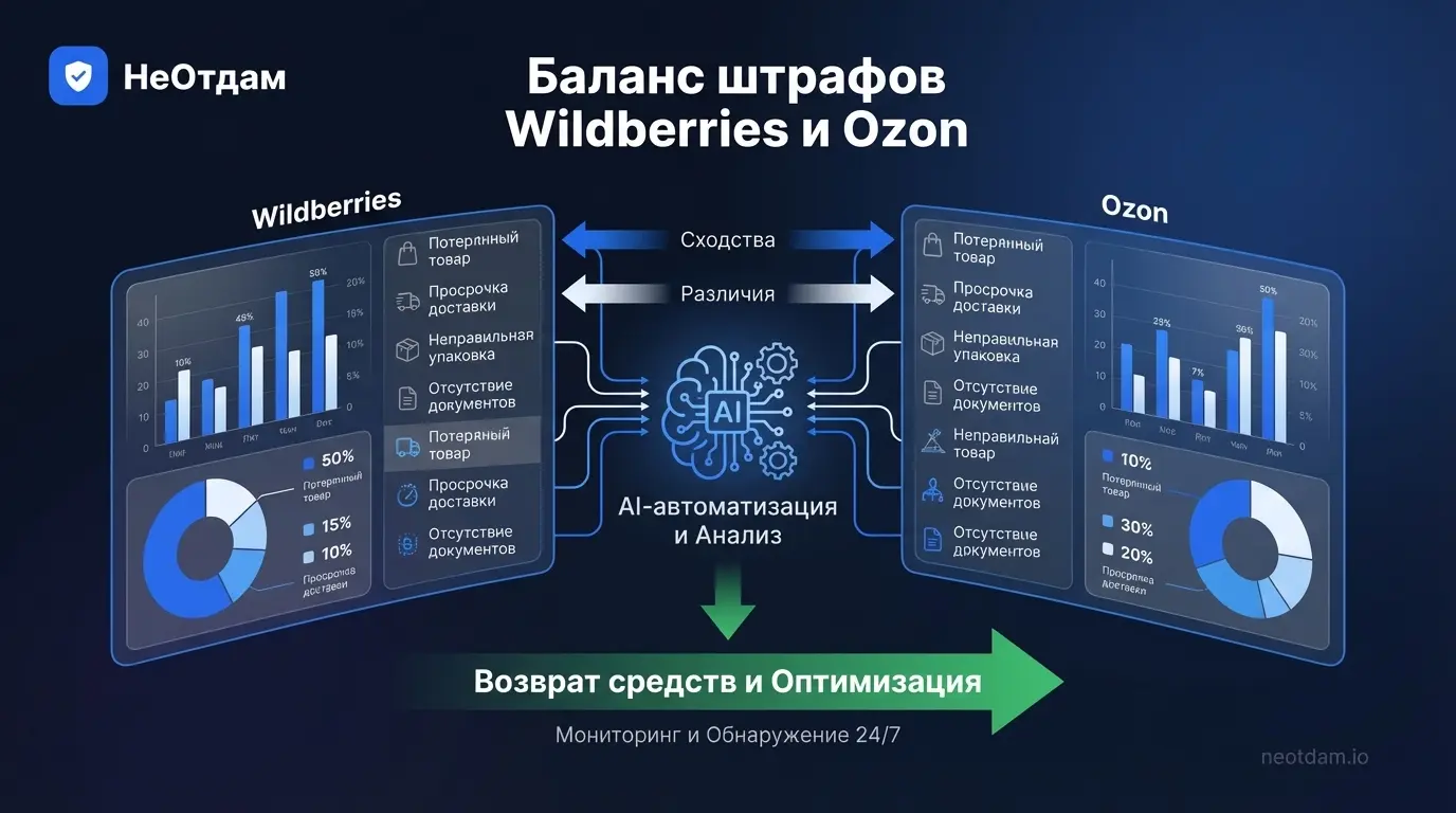 Инфографика, показывающая баланс штрафов Wildberries и Ozon со стрелками, указывающими на схожие и различные категории нарушений.