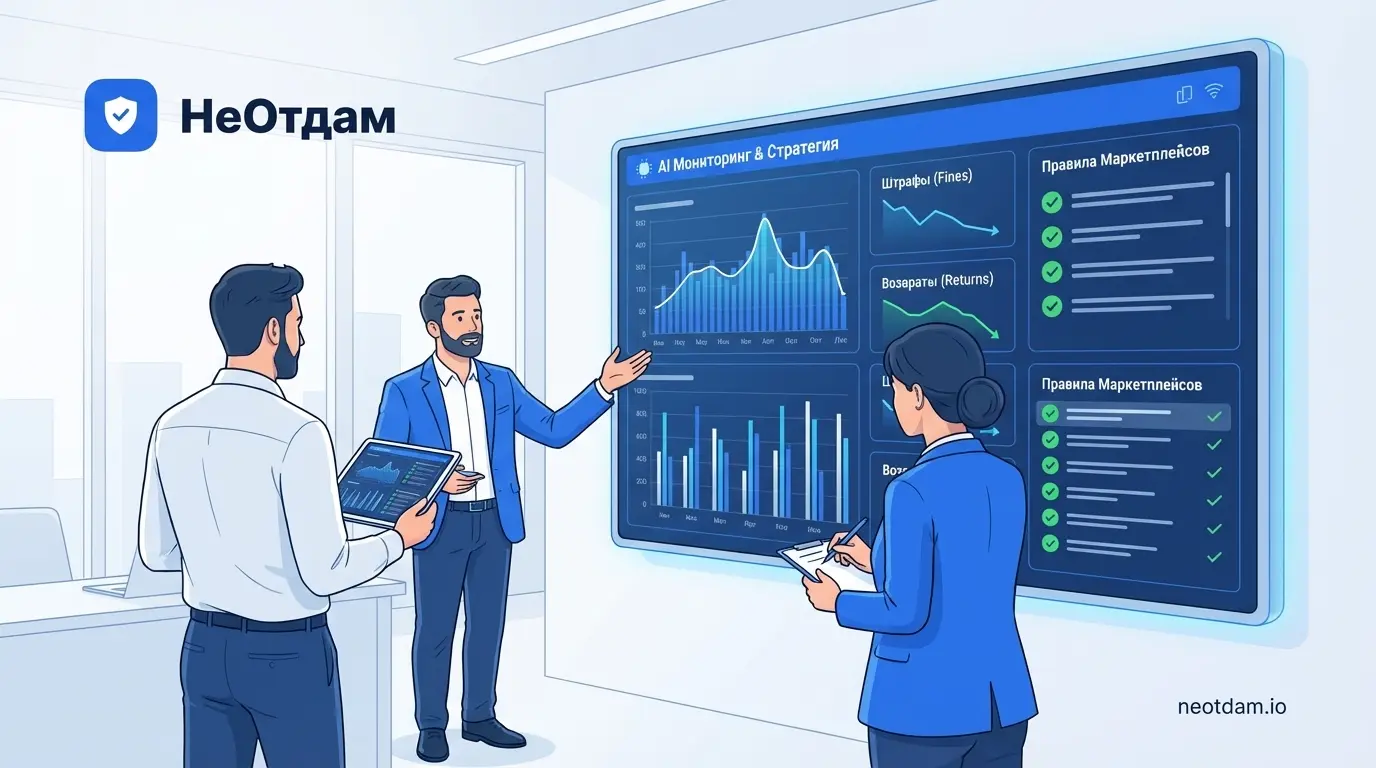 Группа селлеров обсуждает стратегию по предотвращению штрафов, глядя на большой экран с графиками и списками правил маркетплейсов.