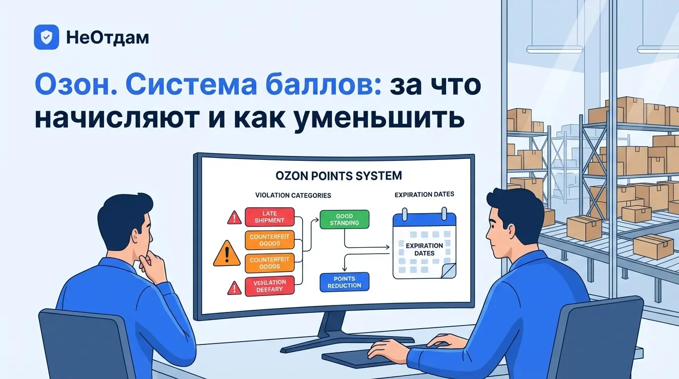 Продавец внимательно рассматривает схему балльной системы Ozon на мониторе, где разными цветами выделены категории нарушений и сроки действия баллов. На заднем плане виден склад с товарами, демонстрирующий его вовлеченность в процесс.