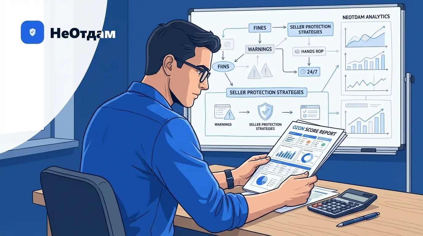 Человек сидит за столом и изучает распечатку отчета Ozon с начислениями баллов, рядом лежит калькулятор и ручка. За спиной видна доска с нарисованными схемами и графиками, иллюстрирующими стратегию торговли на маркетплейсах.