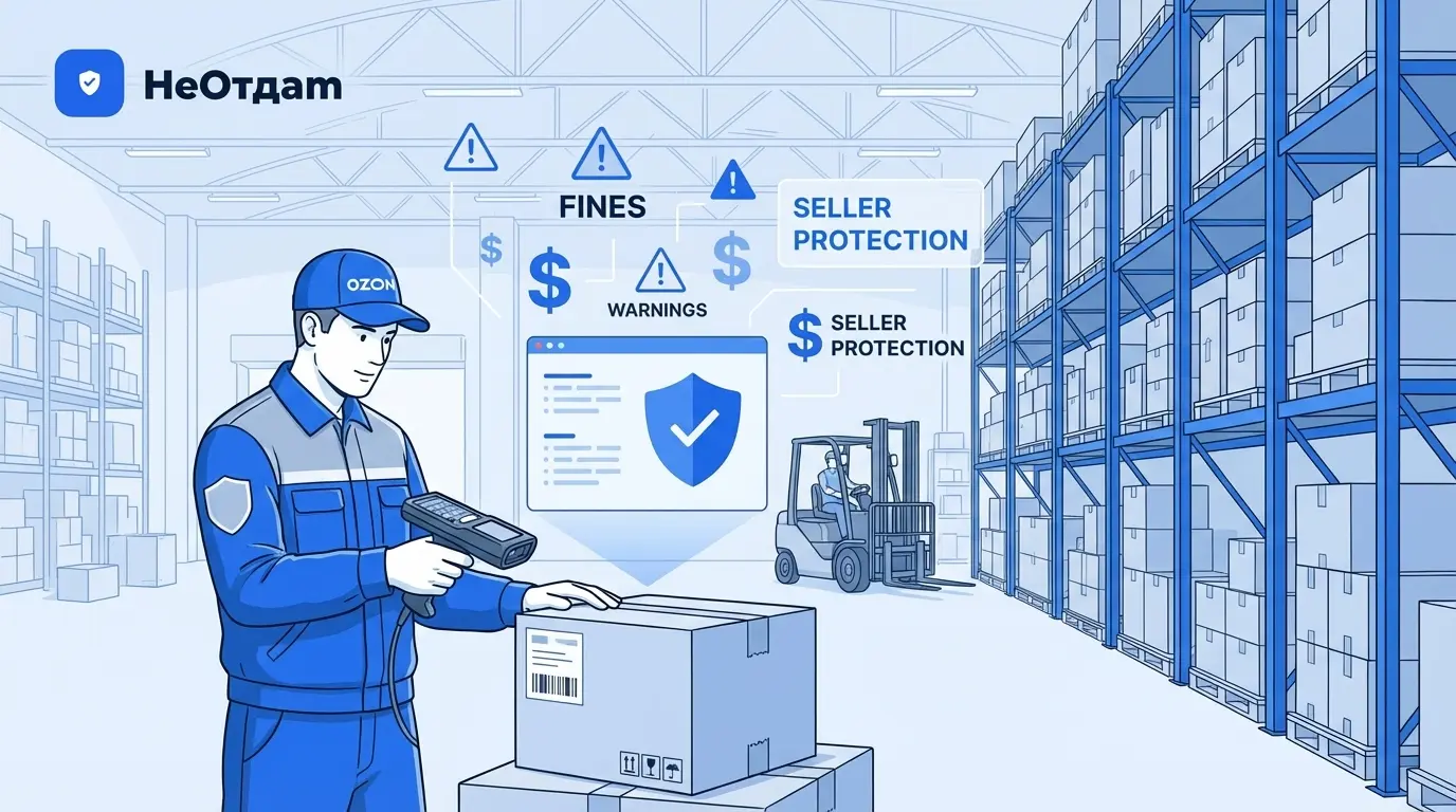 Складской работник сканирует штрихкод товара на большом складе Ozon, на фоне видны ряды стеллажей с коробками и погрузчик.