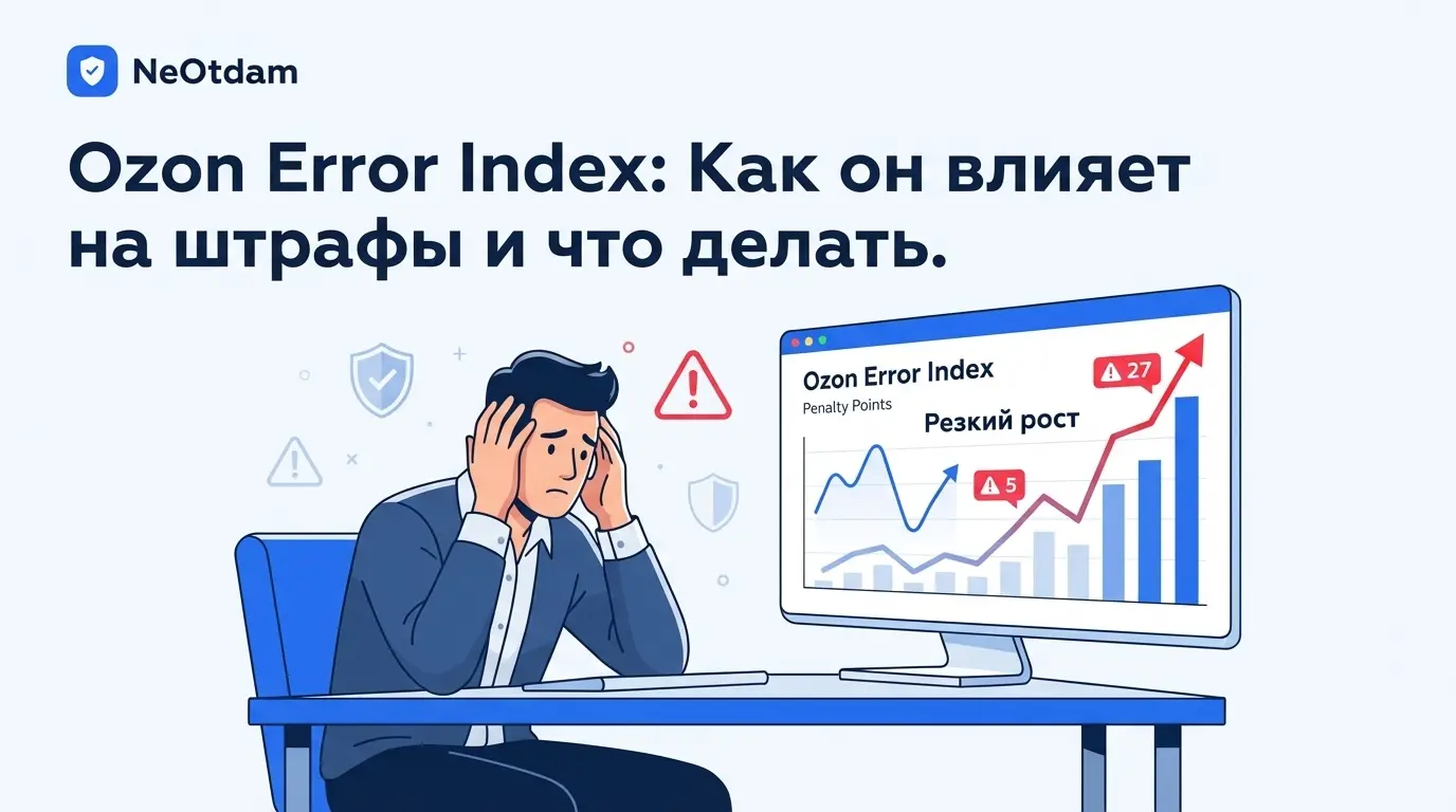 Продавец, сидящий за столом, с обеспокоенным выражением лица просматривает графики и диаграммы на мониторе, показывающие резко возрастающий индекс ошибок Ozon и штрафные баллы.