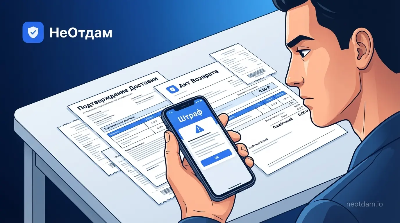 Человек крупным планом, держащий в руке смартфон и сосредоточенно изучающий уведомление о штрафе на экране, рядом лежат распечатанные документы и чеки, подтверждающие его правоту.