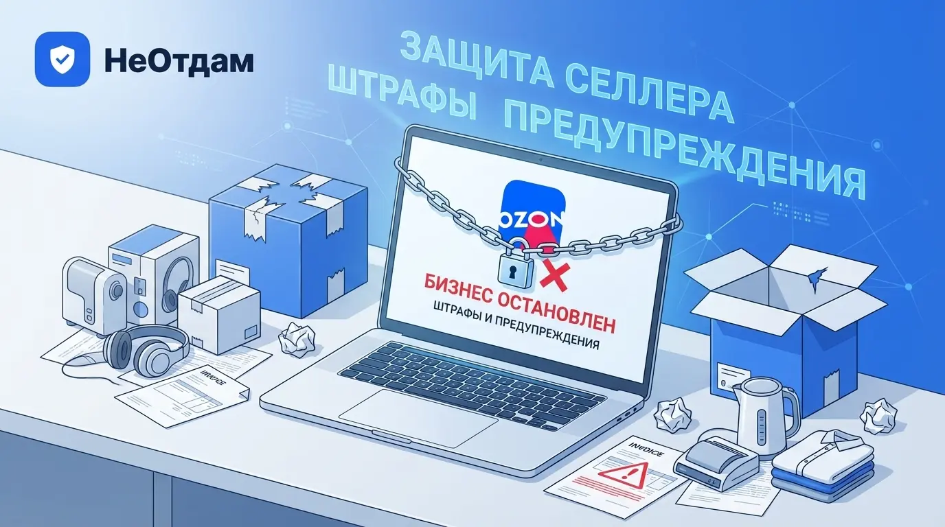 Заблокированный ноутбук на экране которого виден логотип Ozon с красным крестом, на столе рядом лежат пустые коробки и нереализованный товар, символизирующий крах бизнеса.