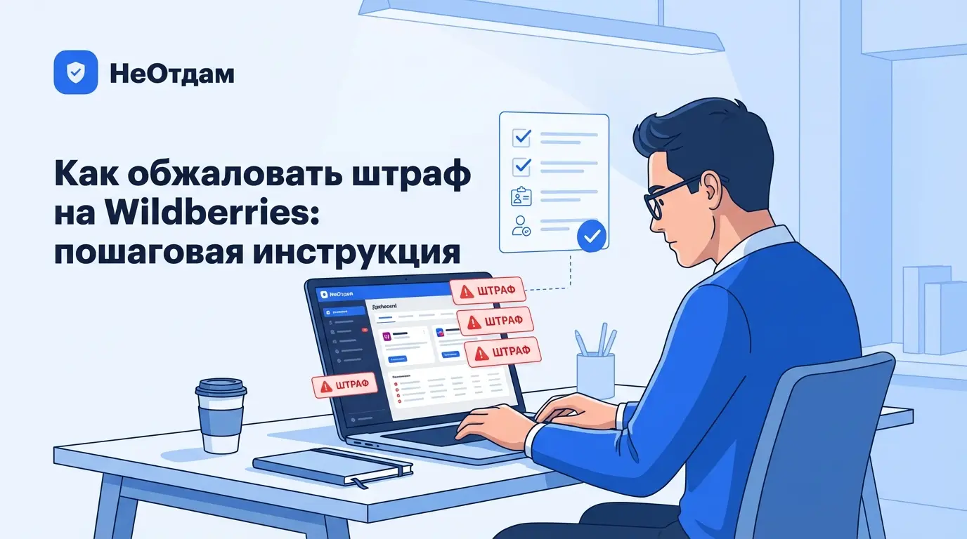 Селлер за ноутбуком внимательно изучает дашборд со штрафами маркетплейса, на экране красные уведомления о списаниях