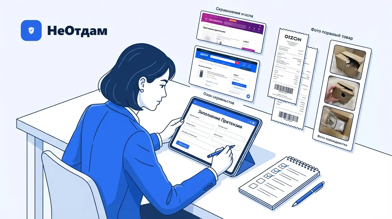 Женщина-предприниматель сфокусировано заполняет форму претензии на планшете, вокруг разложены документы и фотографии как доказательства