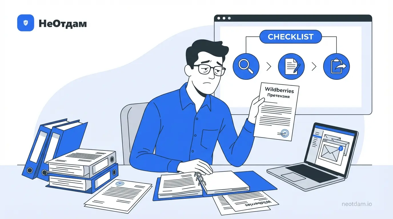 Селлер, уже явно уставший от переписки, держит в руках письменную претензию Wildberries, рядом на столе лежат юридические документы