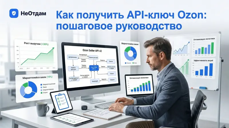 Продавец внимательно рассматривает сложную схему потоков данных Ozon API на своем рабочем столе, вокруг него графики и диаграммы, демонстрирующие рост эффективности бизнеса.
