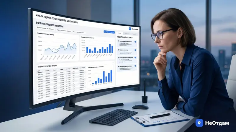 Аналитик, склонившись над монитором, на котором отображены сложные графики и таблицы данных, полученных через API маркетплейса, демонстрирует сосредоточенность и аналитическое мышление.