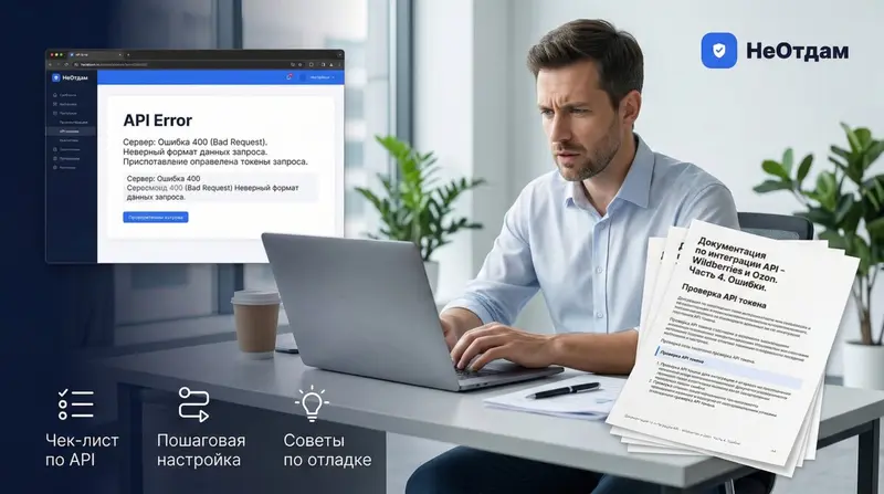 Продавец, сидящий за столом, с растерянным выражением лица смотрит на экран ноутбука, где отображается сообщение об ошибке при попытке отправить данные через API. Рядом лежит распечатанная документация.
