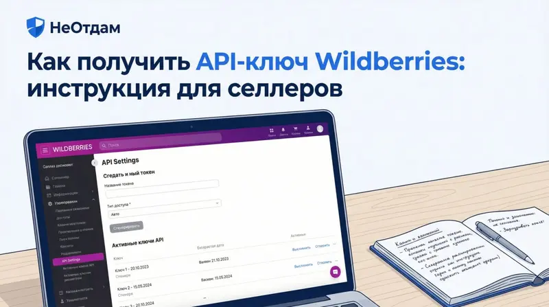 Крупный план экрана компьютера с открытым личным кабинетом Wildberries, раздел настроек API. На экране видны поля для создания нового токена и список уже активных ключей с датами создания. Рядом с ноутбуком — блокнот с записями и ручка.