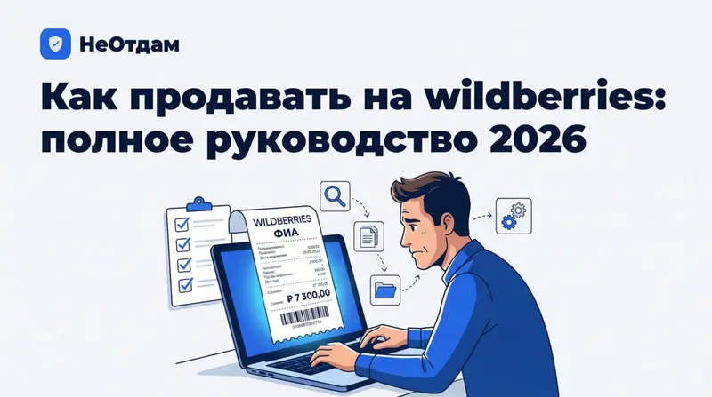 Продавец внимательно рассматривает квитанцию о штрафе от Wildberries на экране ноутбука, на его лице беспокойство.