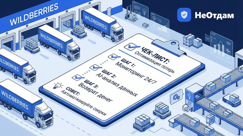 Современный логистический центр Wildberries с беспилотными погрузчиками, фуры с товарами прибывают на склад, демонстрируя масштабы операций.