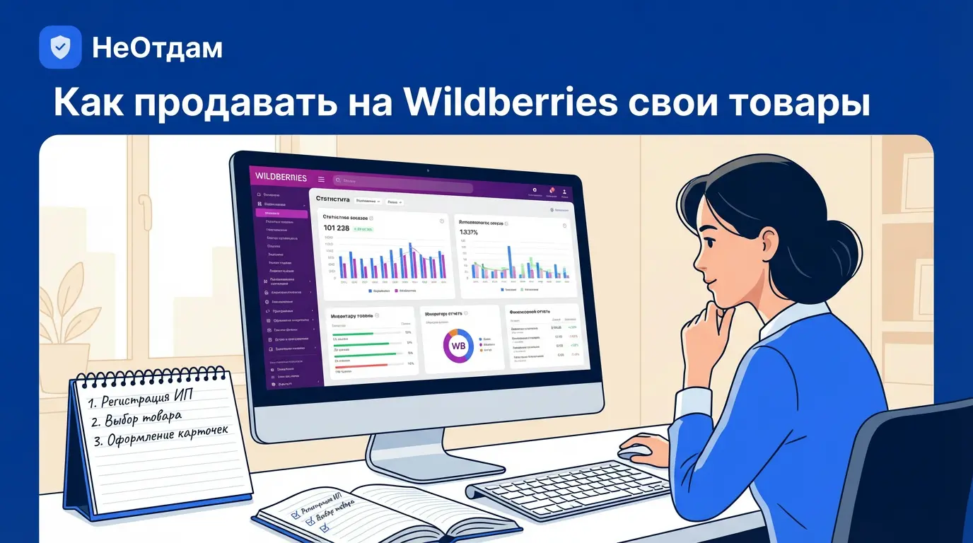 Продавец внимательно рассматривает интерфейс личного кабинета Wildberries на большом мониторе, отображающий статистику заказов и остатки товаров на складе, рядом лежит блокнот с записями