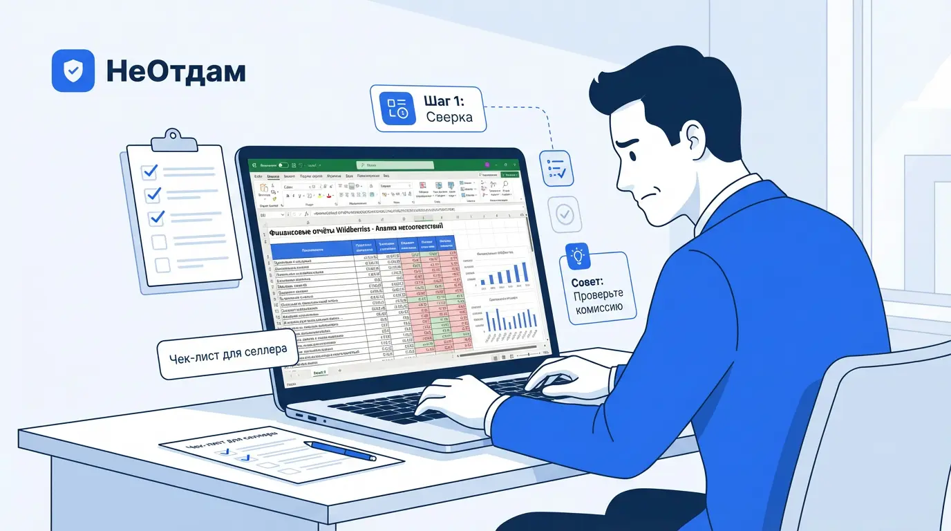 Человек сидит за столом и изучает сложную таблицу в Excel на ноутбуке, пытаясь найти несоответствия в финансовых отчётах Wildberries, с выражением лёгкого недовольства