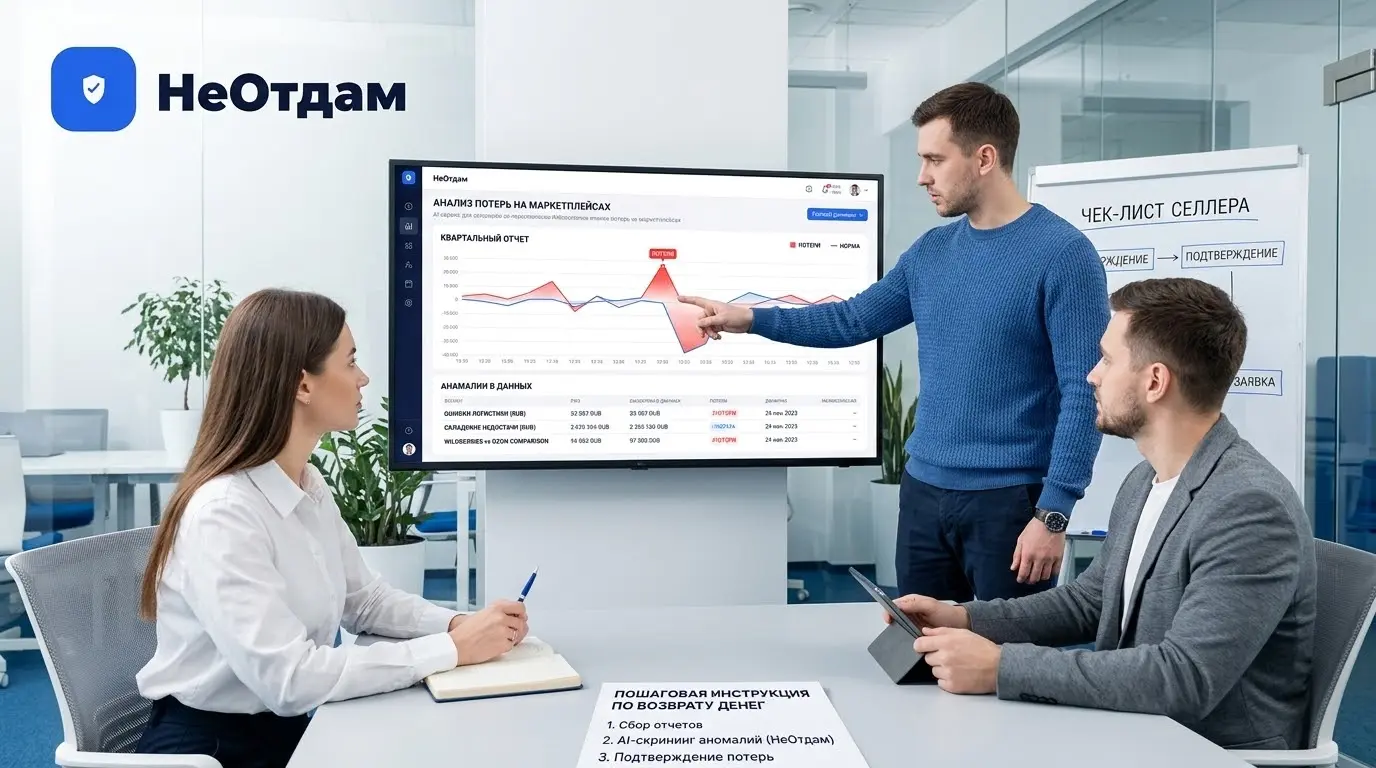 Команда селлеров в офисе обсуждает отчёты с маркетплейсов, один сотрудник указывает на аномалии в финансовых данных на большом мониторе, отображающем графики и таблицы потерь