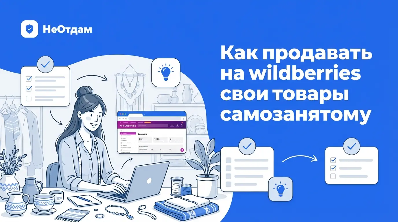 Улыбающаяся девушка-самозанятая в своей домашней мастерской, окруженная красивыми изделиями ручной работы, рассматривает экран ноутбука с открытым личным кабинетом Wildberries