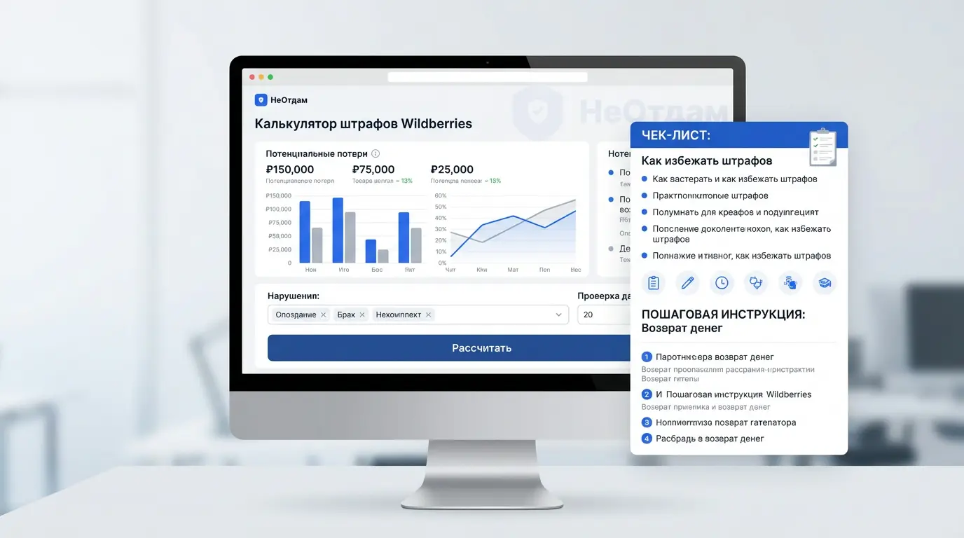 Калькулятор штрафов Wildberries на экране компьютера с графиками и цифрами, показывающими потенциальные потери от нарушений
