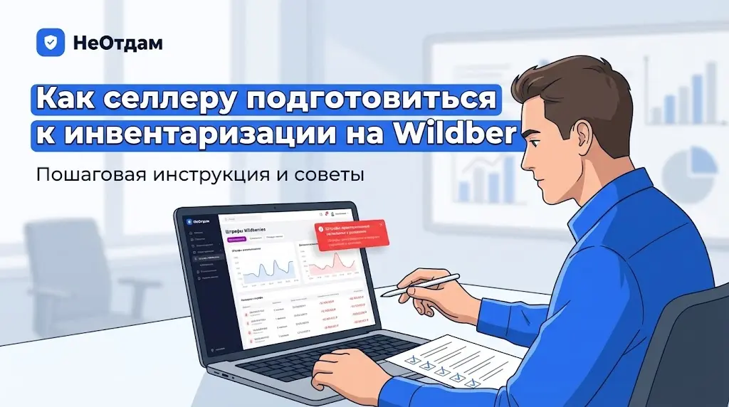 Селлер за ноутбуком внимательно изучает дашборд со штрафами маркетплейса, на экране красные уведомления о списаниях