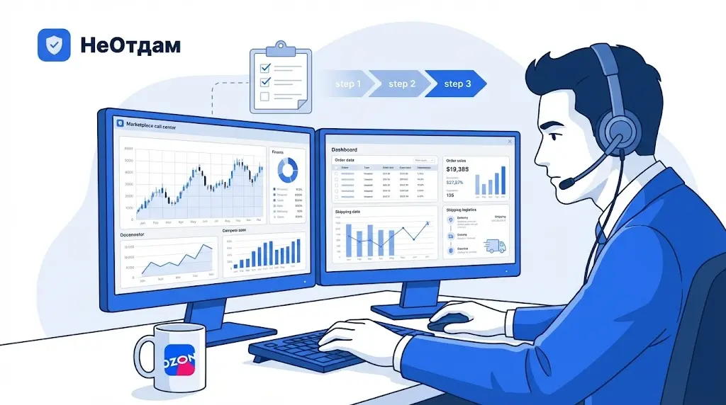 Оператор колл-центра маркетплейса в наушниках сосредоточенно смотрит на экран, на котором отображаются графики и данные по заказам и поставкам. Рядом с ним стоит чайная кружка с логотипом маркетплейса.