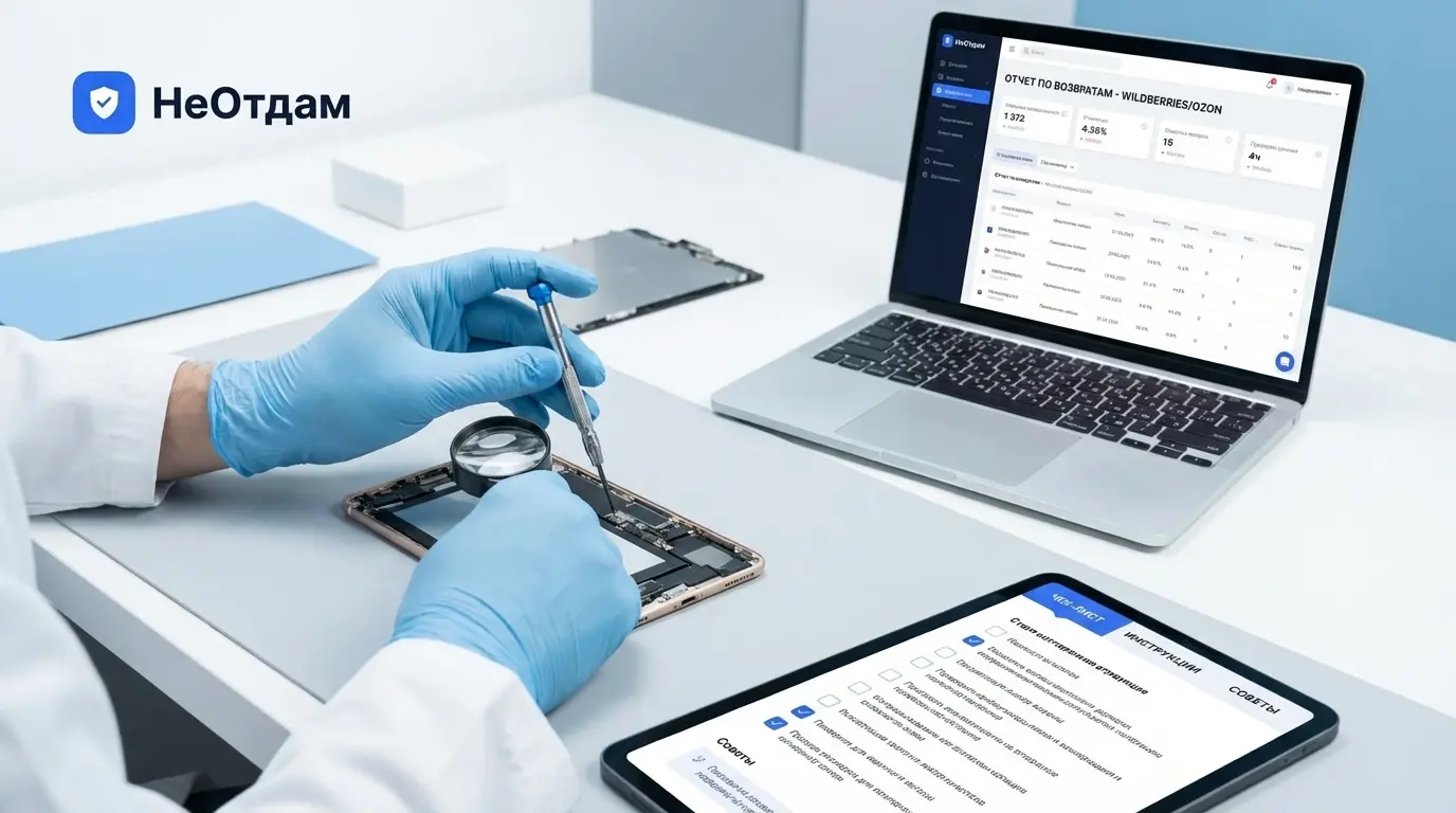 Человек крупным планом разбирает возвращенный от клиента товар, внимательно осматривая его на предмет повреждений и подмены, на фоне ноутбук с открытым отчетом маркетплейса