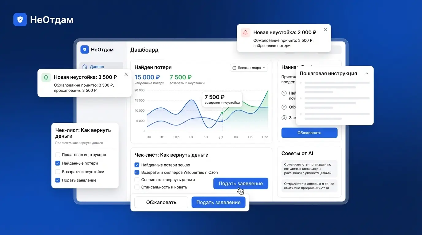 Панель управления AI-сервиса НеОтдам с графиками и уведомлениями о найденных потерях, подсвеченными суммами возвратов и неустоек, а также кнопками для обжалования