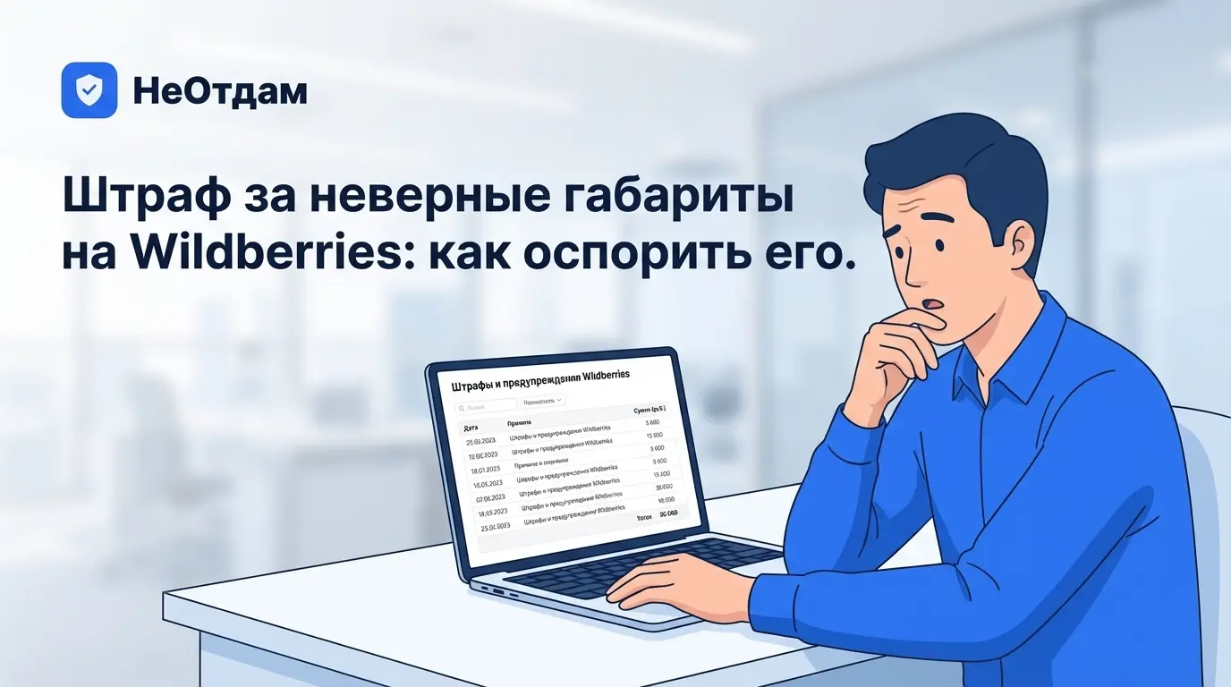 Селлер-новичок смотрит на экран ноутбука с открытой таблицей штрафов Wildberries, его лицо выражает небольшое замешательство и удивление от суммы возможных списаний.
