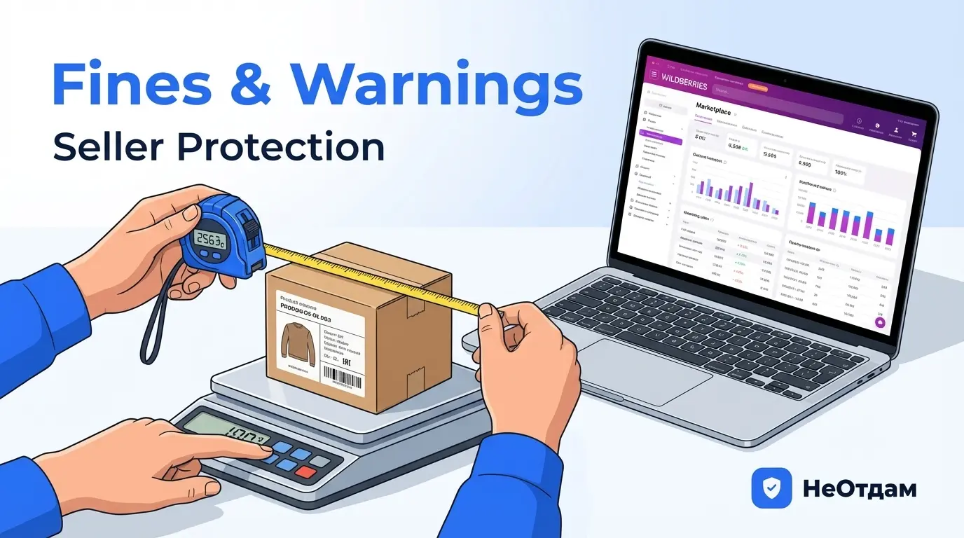 Крупный план рук селлера, который с помощью рулетки и весов точно измеряет габариты и вес небольшой картонной упаковки с товаром, рядом лежит открытый ноутбук с интерфейсом Wildberries.