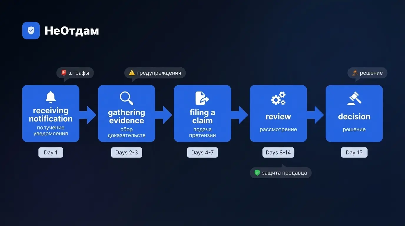 Схематичное изображение блок-схемы процесса обжалования штрафа на Wildberries, с шагами: 
