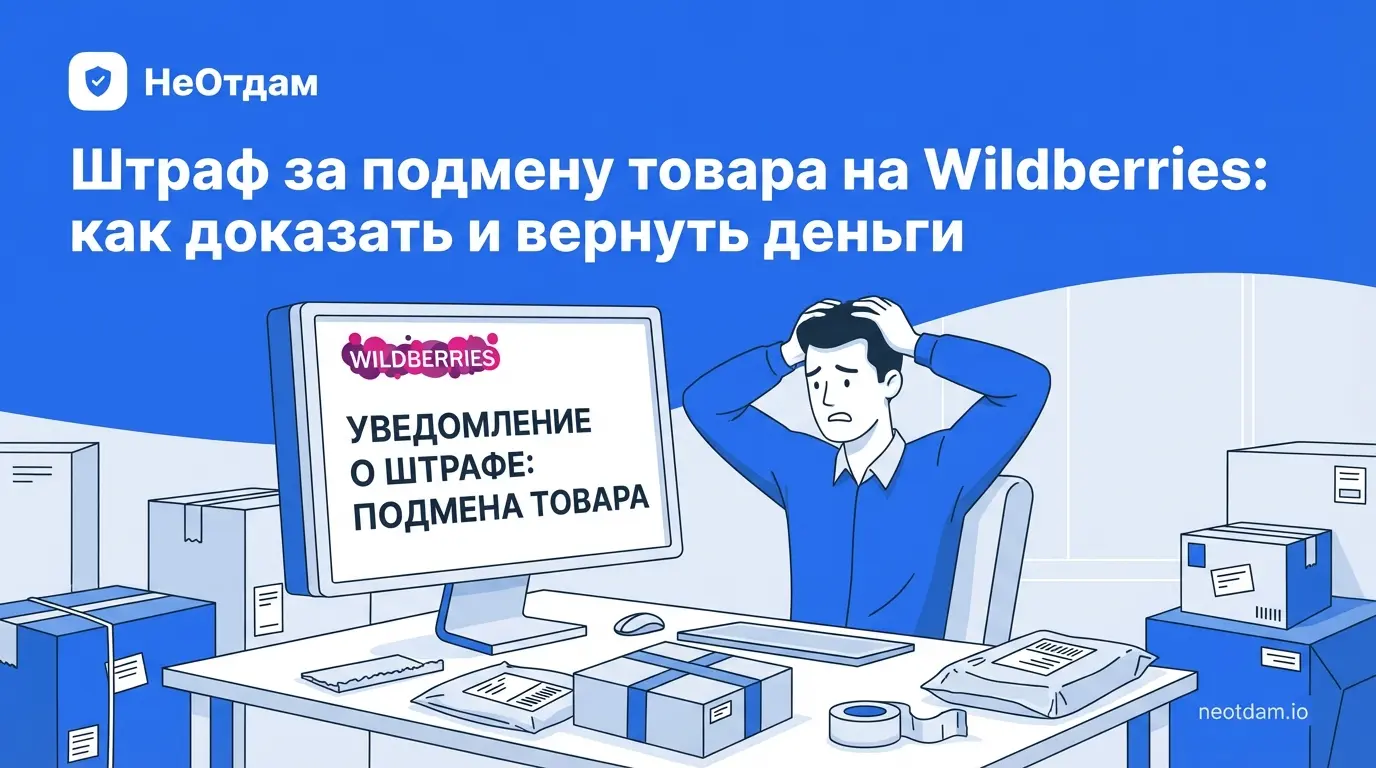 Расстроенный селлер смотрит на монитор компьютера, где отображается уведомление о штрафе от Wildberries за подмену товара. На столе лежат коробки с товарами и этикетки.