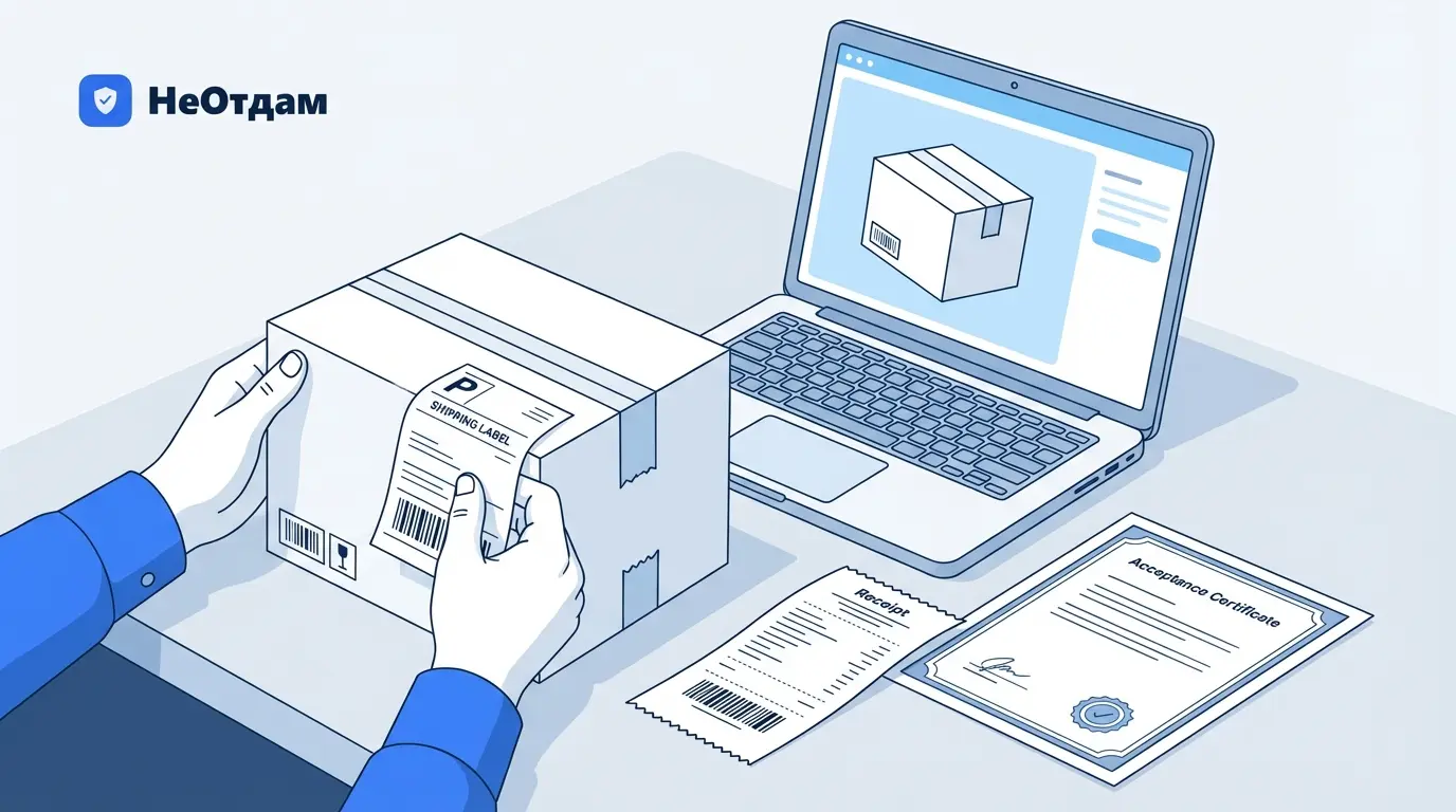 Крупный план рук, которые аккуратно проверяют этикетку на коробке с товаром, сравнимая её с изображением на экране компьютера. Рядом лежит чек и акт приёмки.