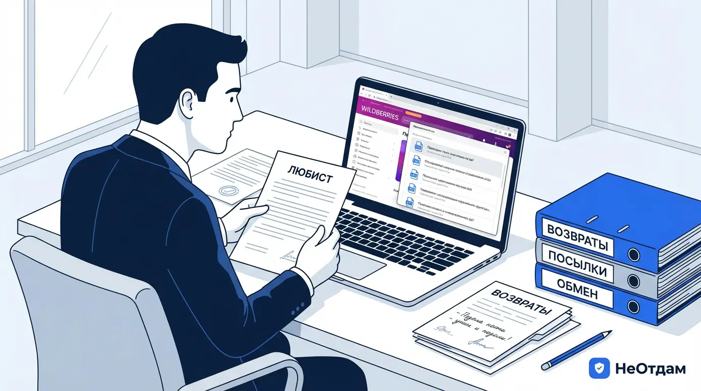 Юрист в офисе изучает документы и экран ноутбука, на котором открыт сайт Wildberries и юридические акты. Рядом стоит стопка папок с пометками и карандаш.