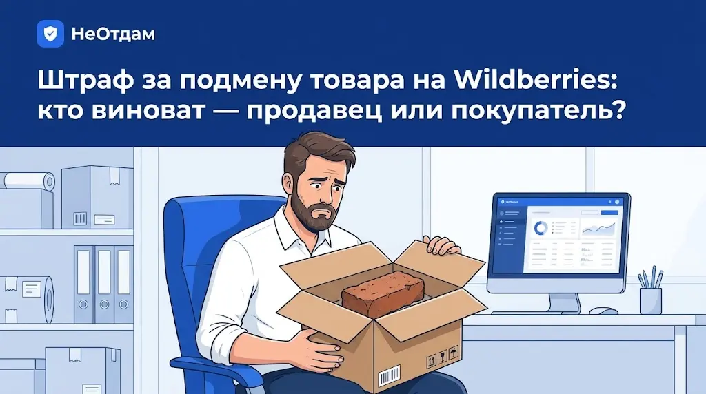 Расстроенный продавец держит в руках коробку с возвращенным товаром, внутри которой вместо заказанного продукта оказалась старая кирпичная болванка. На его лице читается разочарование и беспомощность.