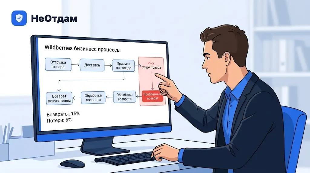 Продавец внимательно рассматривает сложную диаграмму бизнес-процессов на мониторе, где отображены этапы отгрузки, доставки и возврата товаров на Wildberries. Он указывает на критические точки риска.