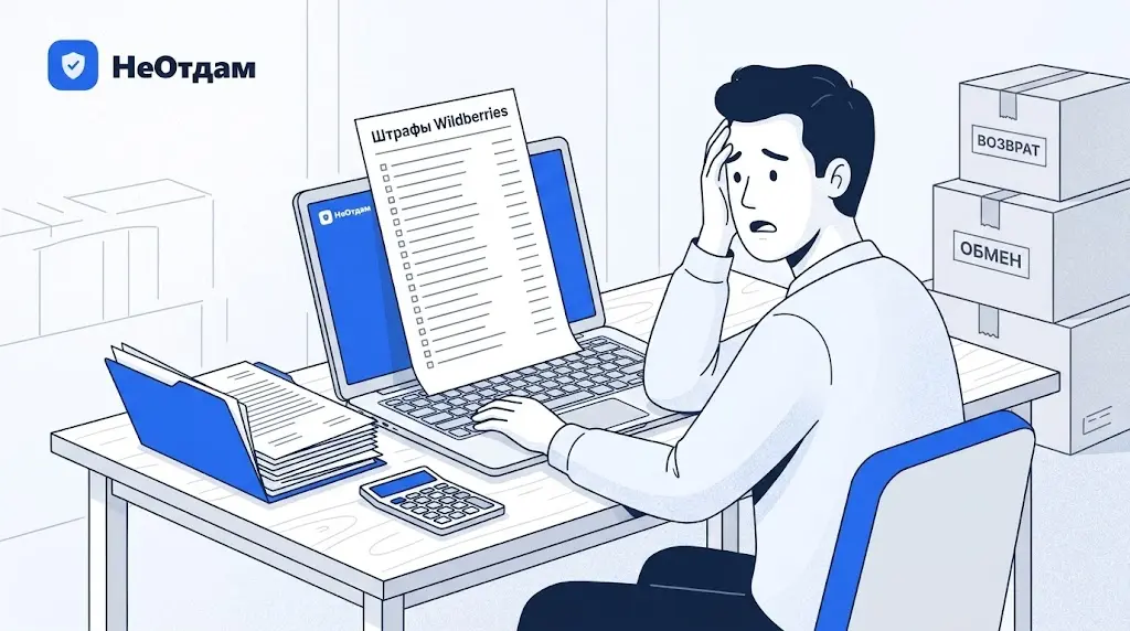 Селлер, сидящий за столом, с обеспокоенным видом изучает длинный список штрафов Wildberries на своём ноутбуке. Рядом лежит папка с документами и калькулятор.