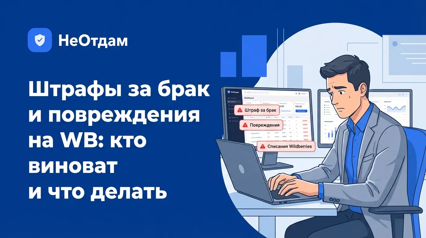 Селлер за ноутбуком внимательно изучает дашборд со штрафами маркетплейса, на экране красные уведомления о списаниях