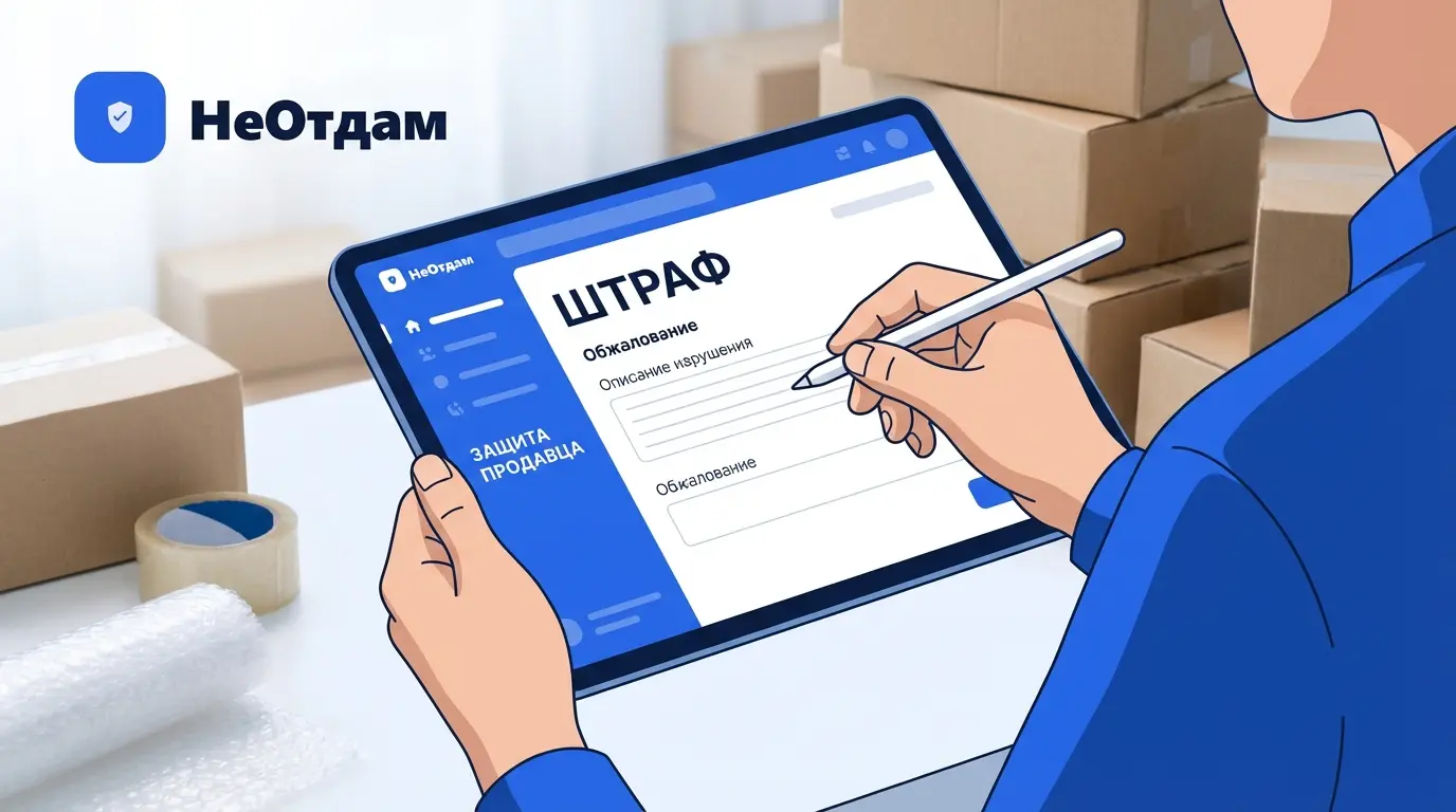 Руки селлера заполняют форму обжалования штрафа на планшете, на фоне размыты коробки и упаковочные материалы