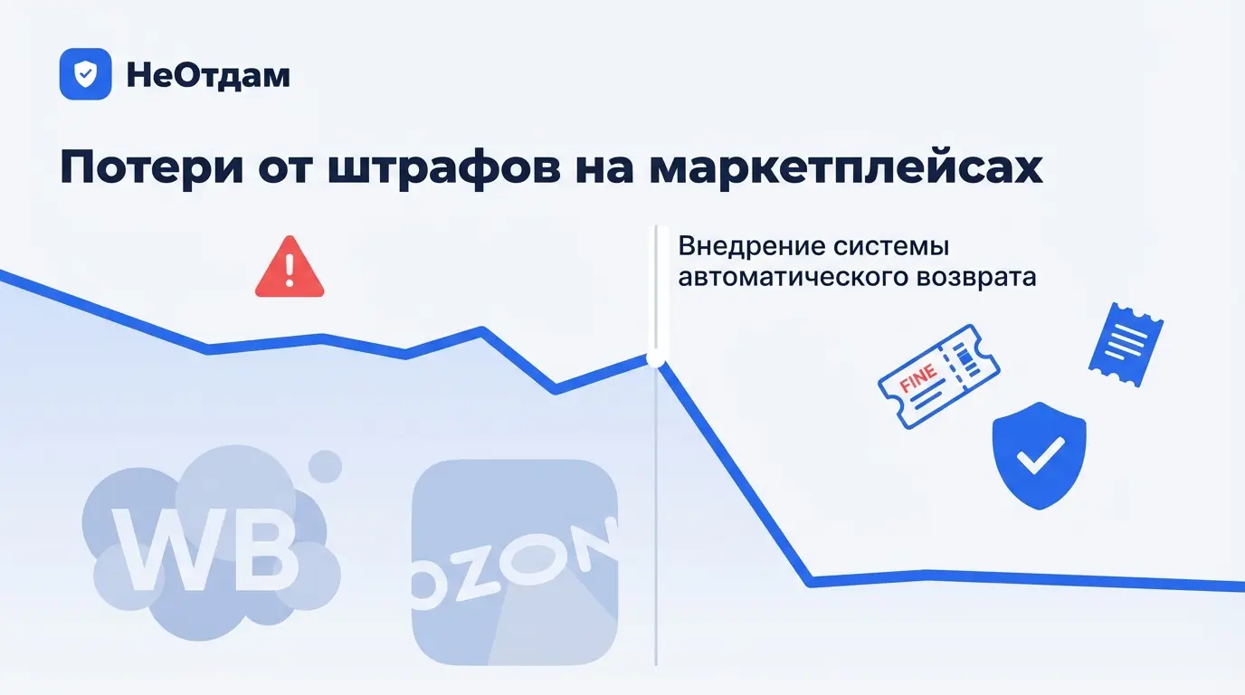 График потерь от штрафов на маркетплейсе, показывающий снижение после внедрения системы автоматического возврата средств, на фоне логотипов WB и Ozon