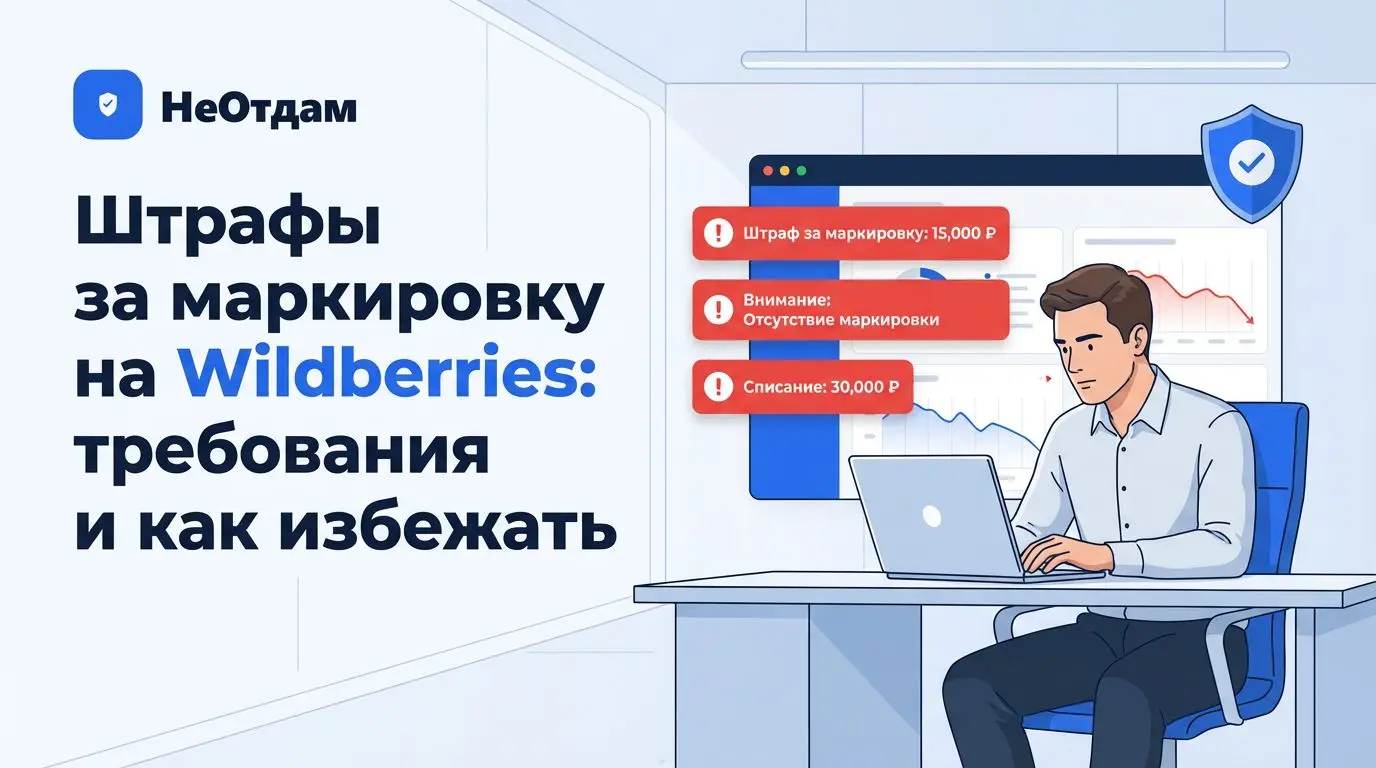 Селлер за ноутбуком внимательно изучает дашборд со штрафами маркетплейса, на экране красные уведомления о списаниях