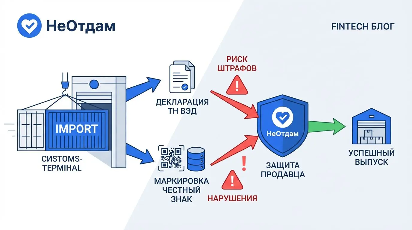 Схематичное изображение процесса прохождения товара через таможню с указанием различных кодов и документов, включая ТН ВЭД и 