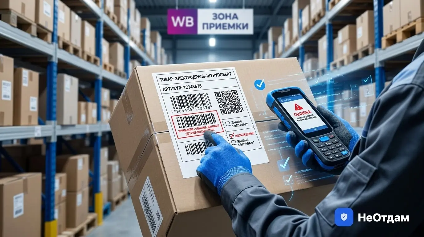 Руки селлера рассматривают этикетку на коробке с товаром, проверяя штрихкоды и данные на предмет ошибок, задний фон — стеллажи склада Wildberries