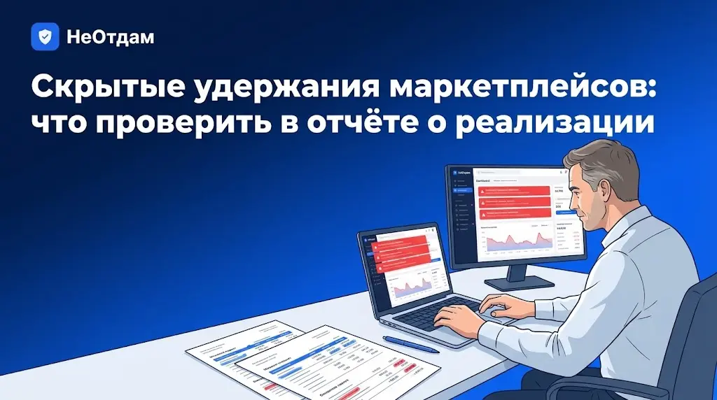 Селлер за ноутбуком внимательно изучает дашборд со штрафами маркетплейса, на экране красные уведомления о списаниях. Вокруг него разложены распечатанные отчёты с выделенными цифрами.
