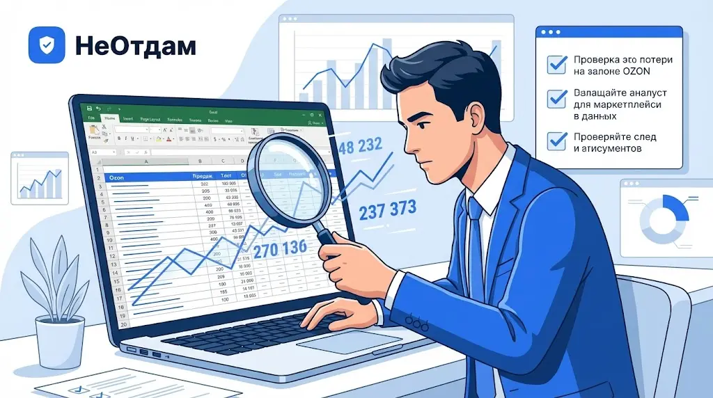 Аналитик с увеличенной лупой смотрит на строки в excel-таблице с данными из отчёта реализации Озон, на экране мелькают цифры и графики.