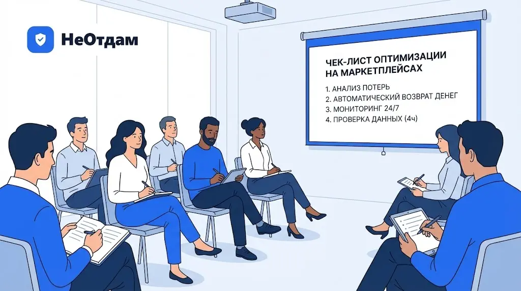 Группа селлеров на семинаре записывает информацию в блокноты, на большом экране проектора виден слайд с пунктами по оптимизации работы на маркетплейсах.
