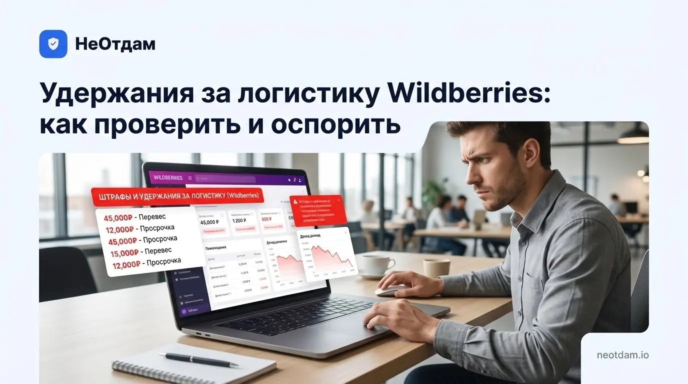 Селлер за ноутбуком внимательно изучает дашборд со штрафами маркетплейса, на экране красные уведомления о списаниях