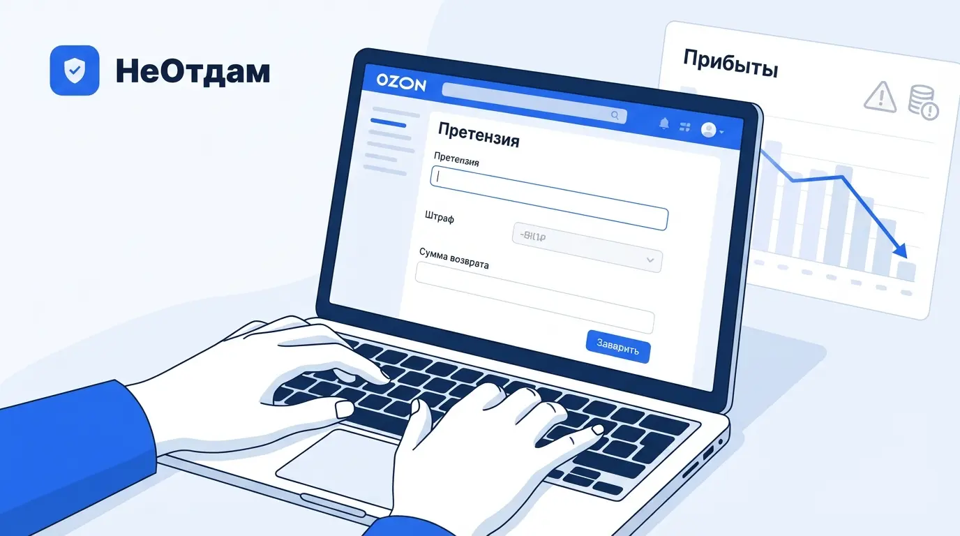 Крупный план рук, заполняющих электронную форму претензии на сайте маркетплейса, на заднем фоне размытый график снижения прибыли