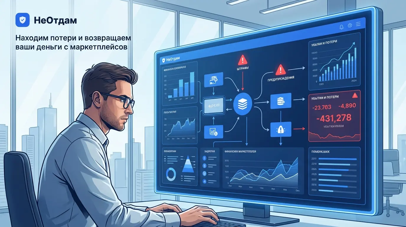 Селлер в очках внимательно вглядывается в цифры на большом экране, где отображаются сложные графики и диаграммы, демонстрирующие финансовые потоки на маркетплейсе, подчеркивающие убытки и потери